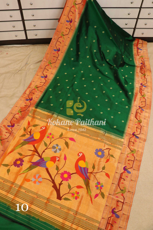 Peacock Parrot Brocade Paithani Saree