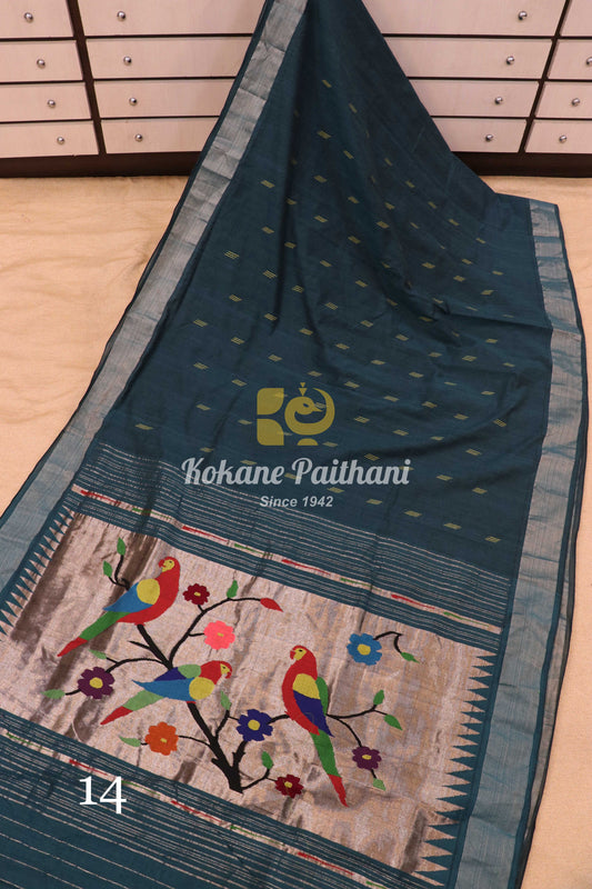 Fancy Pallu Silver Cotton Paithani Saree