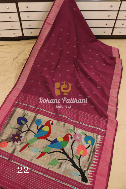 Fancy Pallu Silver Cotton Paithani Saree