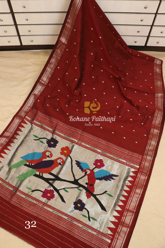 Fancy Pallu Silver Cotton Paithani Saree