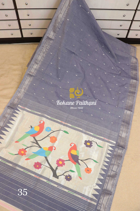 Fancy Pallu Silver Cotton Paithani Saree