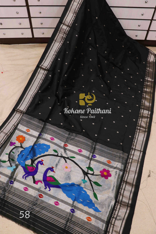 Fancy Pallu Silver Silk Paithani Saree